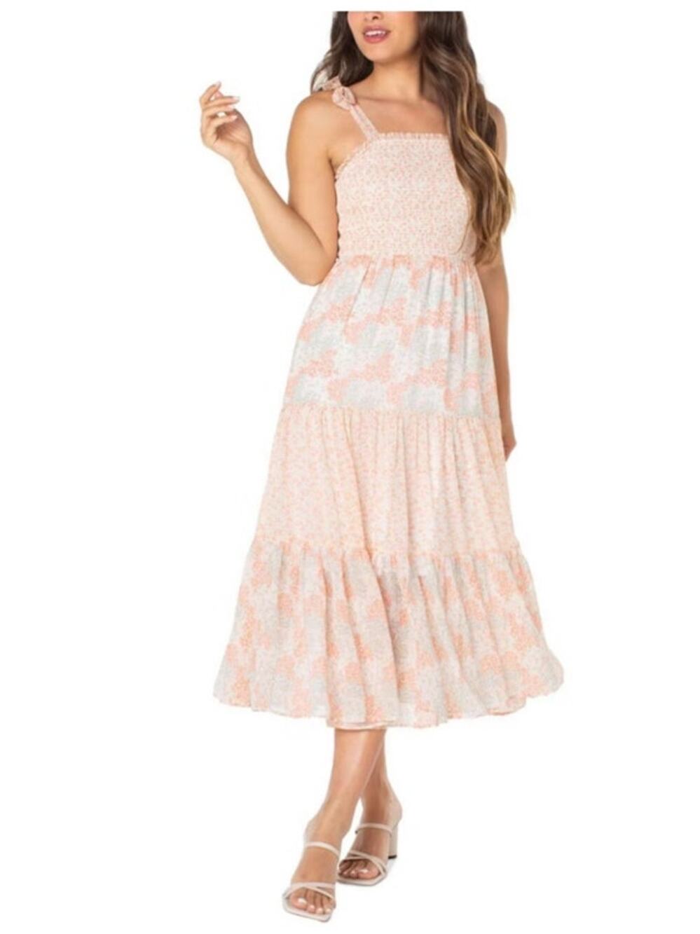Celebrity Pink Floral Smocked Tiered Midi Dress Cottagecore Romantic Size Medium